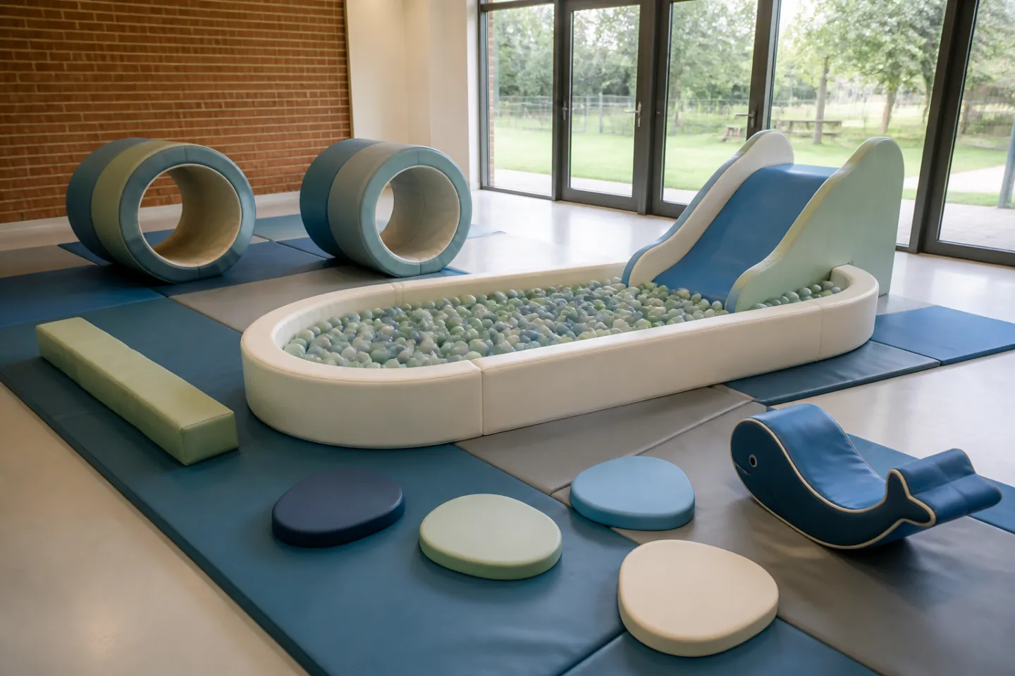 Blue and sage soft play course with crawl rollers, a whale rocker and long ball pit