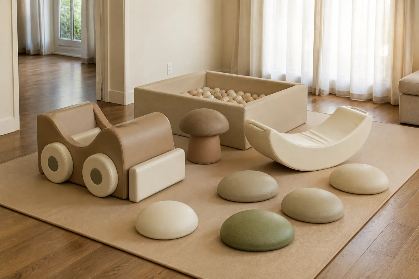Neutral soft play setup with a foam car, rocker, ball pit and balance pods in a living room