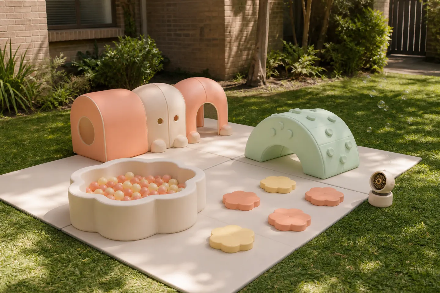 Peach and mint garden soft play with flower ball pit, caterpillar tunnel and climbing dome